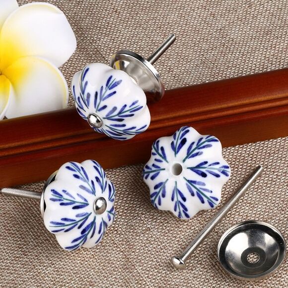 6pcs Vintage Knobs Floral Ceramic Pumpkin Drawer Pulls Knob, Pachira Macrocarpa - Picture 5 of 6